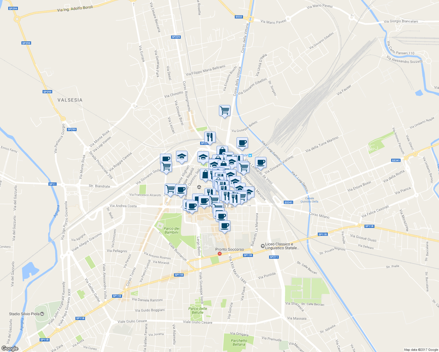 map of restaurants, bars, coffee shops, grocery stores, and more near 5 Baluardo Quintino Sella in Novara