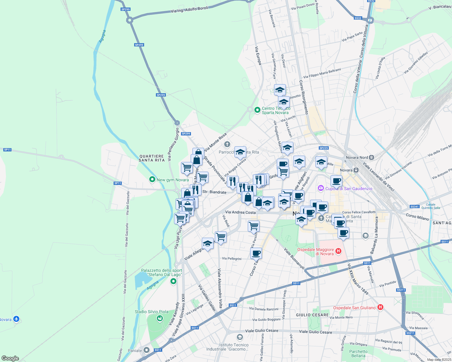 map of restaurants, bars, coffee shops, grocery stores, and more near 3 Via Valsesia in Novara
