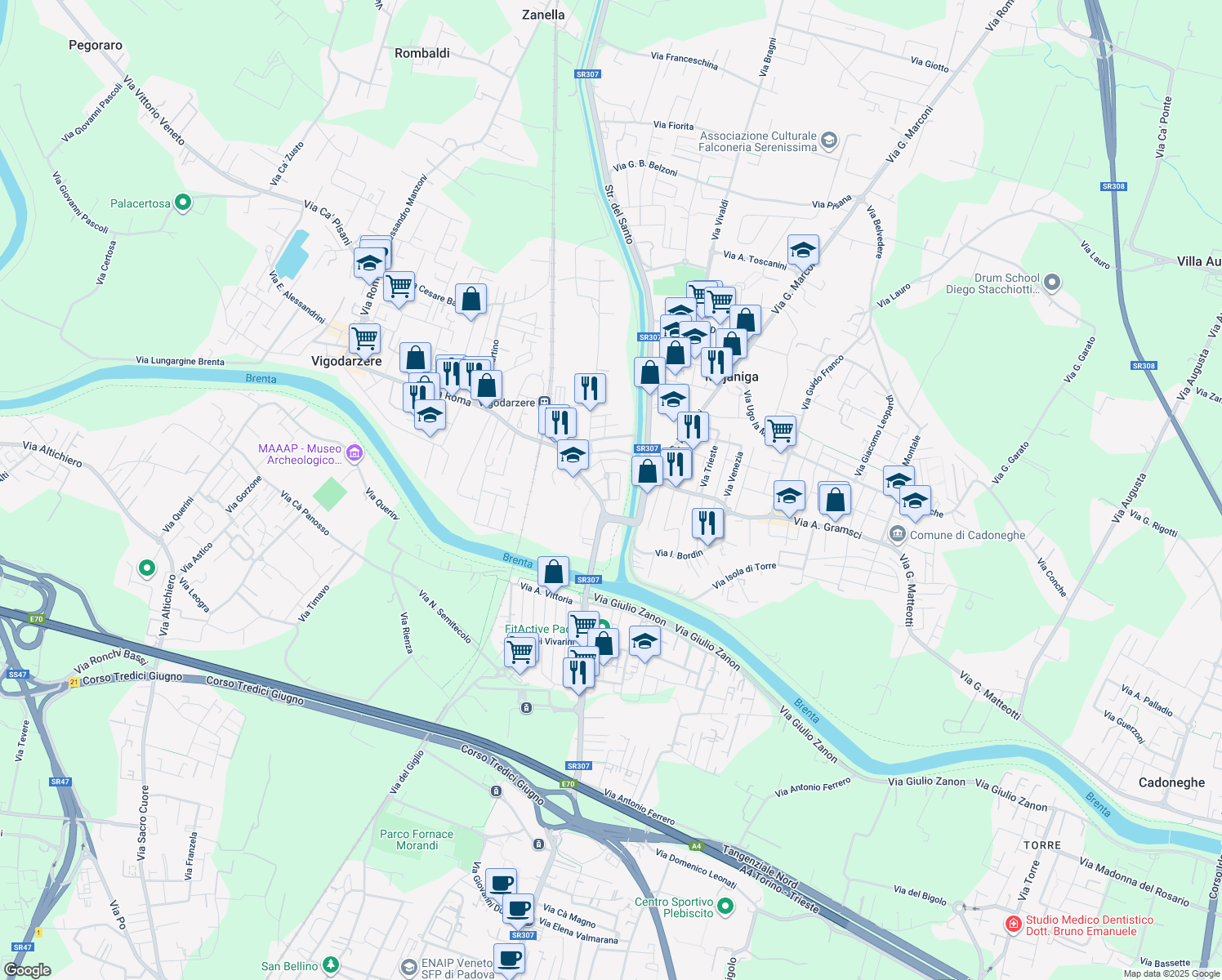 map of restaurants, bars, coffee shops, grocery stores, and more near 4A Via Cosme Tura in Padova