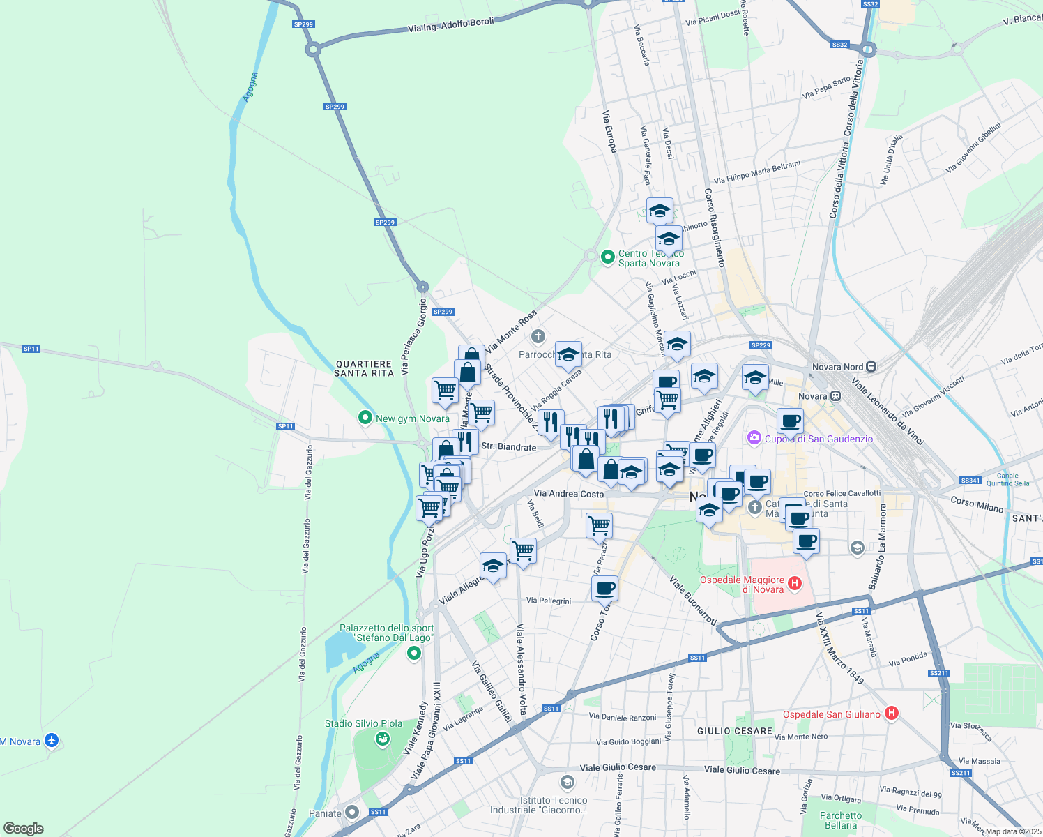 map of restaurants, bars, coffee shops, grocery stores, and more near 3 Via Valsesia in Novara