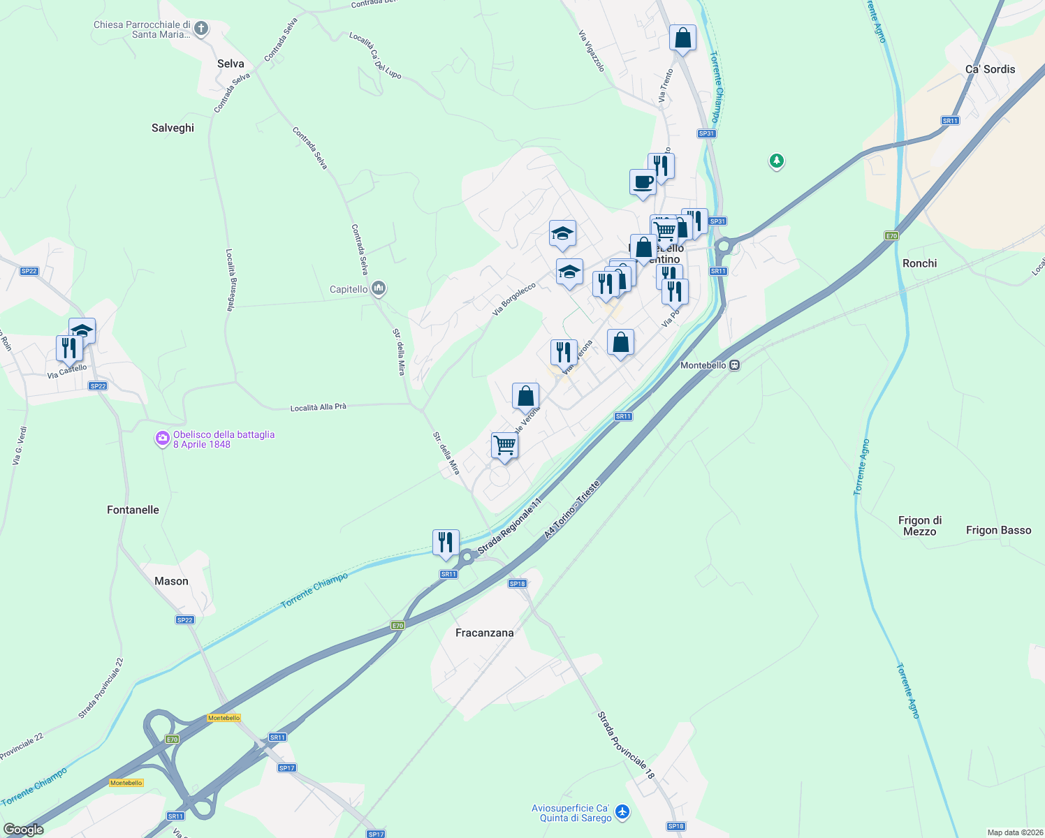 map of restaurants, bars, coffee shops, grocery stores, and more near 10 Viale Verona in Montebello Vicentino