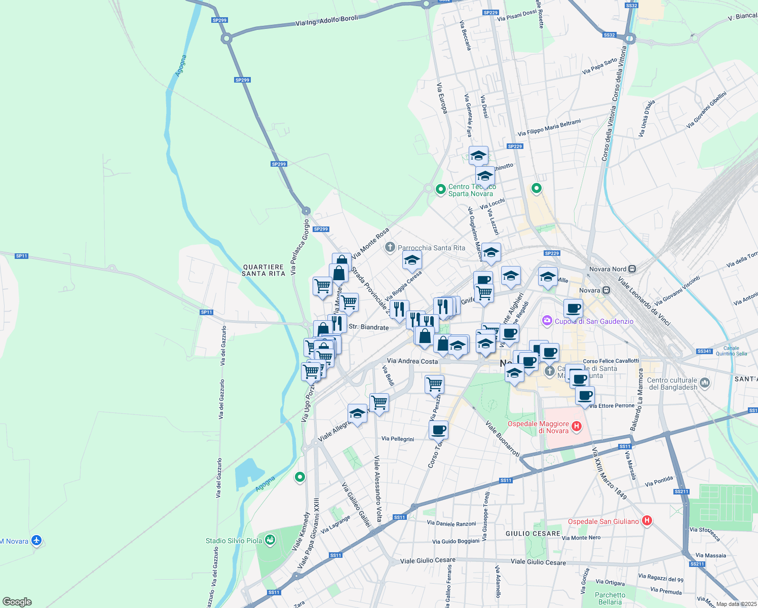 map of restaurants, bars, coffee shops, grocery stores, and more near 3 Via Valsesia in Novara