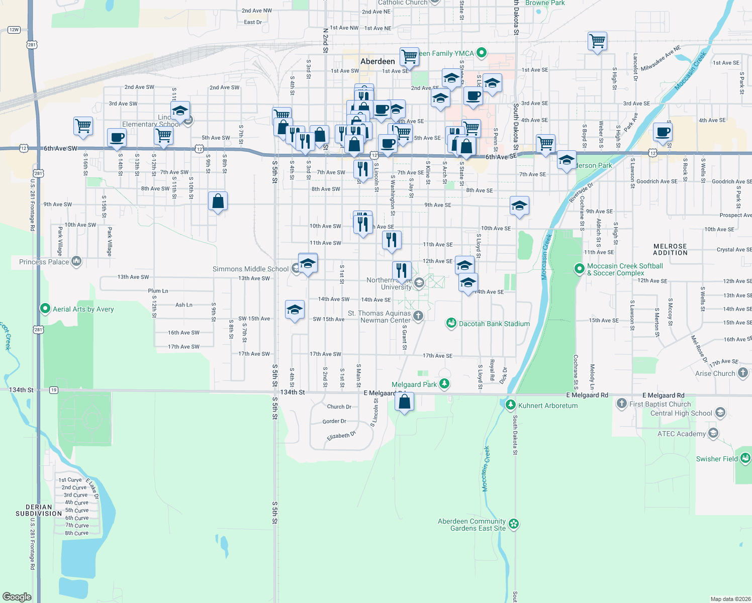 map of restaurants, bars, coffee shops, grocery stores, and more near 1408 South Lincoln Street in Aberdeen
