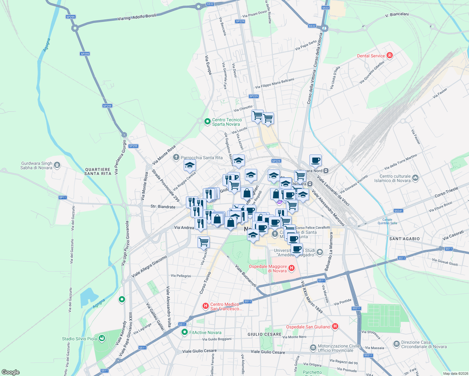 map of restaurants, bars, coffee shops, grocery stores, and more near 14 Via Guglielmo Marconi in Novara