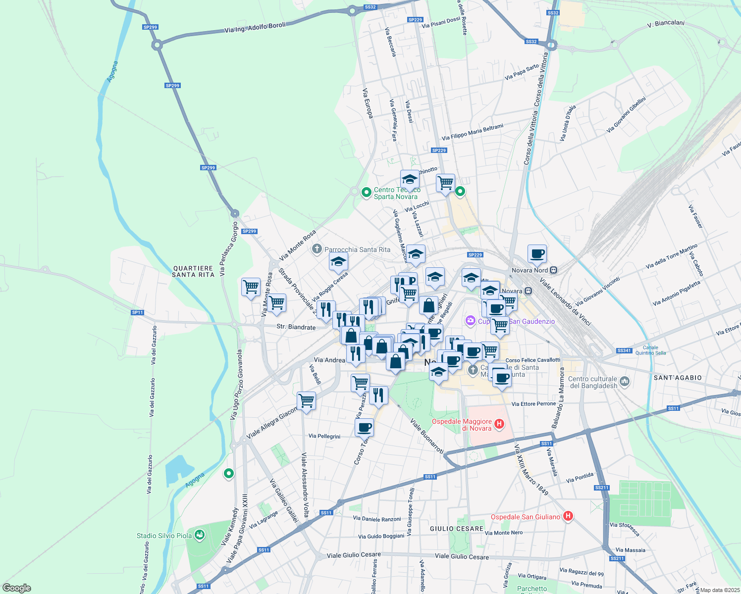 map of restaurants, bars, coffee shops, grocery stores, and more near Via Campano Giovanni da Novara in Novara