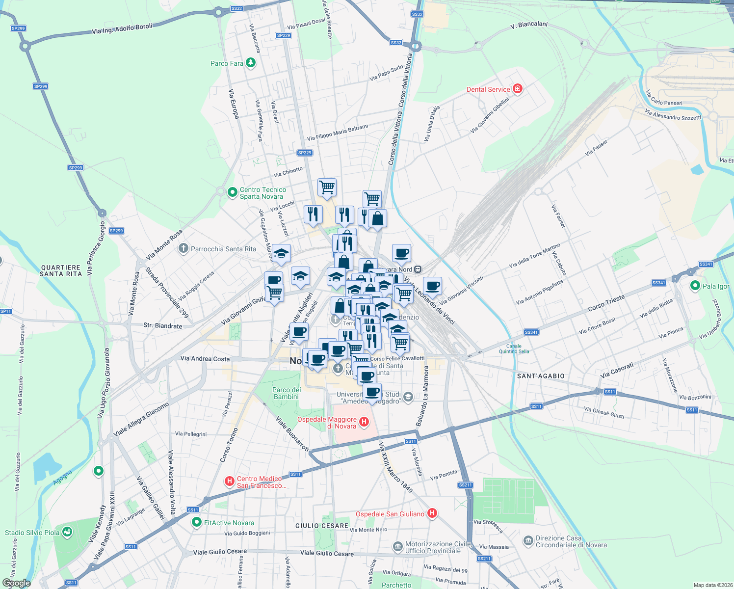 map of restaurants, bars, coffee shops, grocery stores, and more near 1B Via dei Mille in Novara