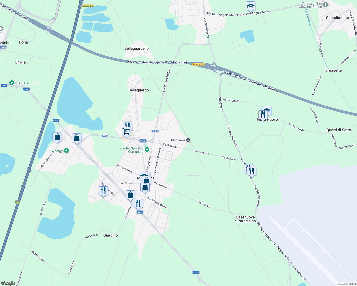 map of restaurants, bars, coffee shops, grocery stores, and more near 28 Via Albertano da Brescia in Provincia di Brescia