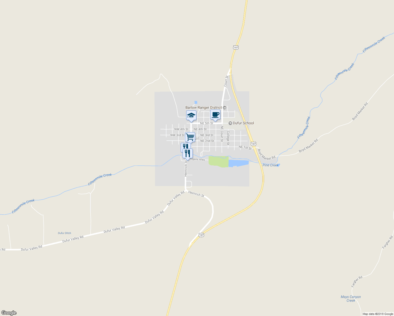 map of restaurants, bars, coffee shops, grocery stores, and more near 230 Hogans Alley in Dufur