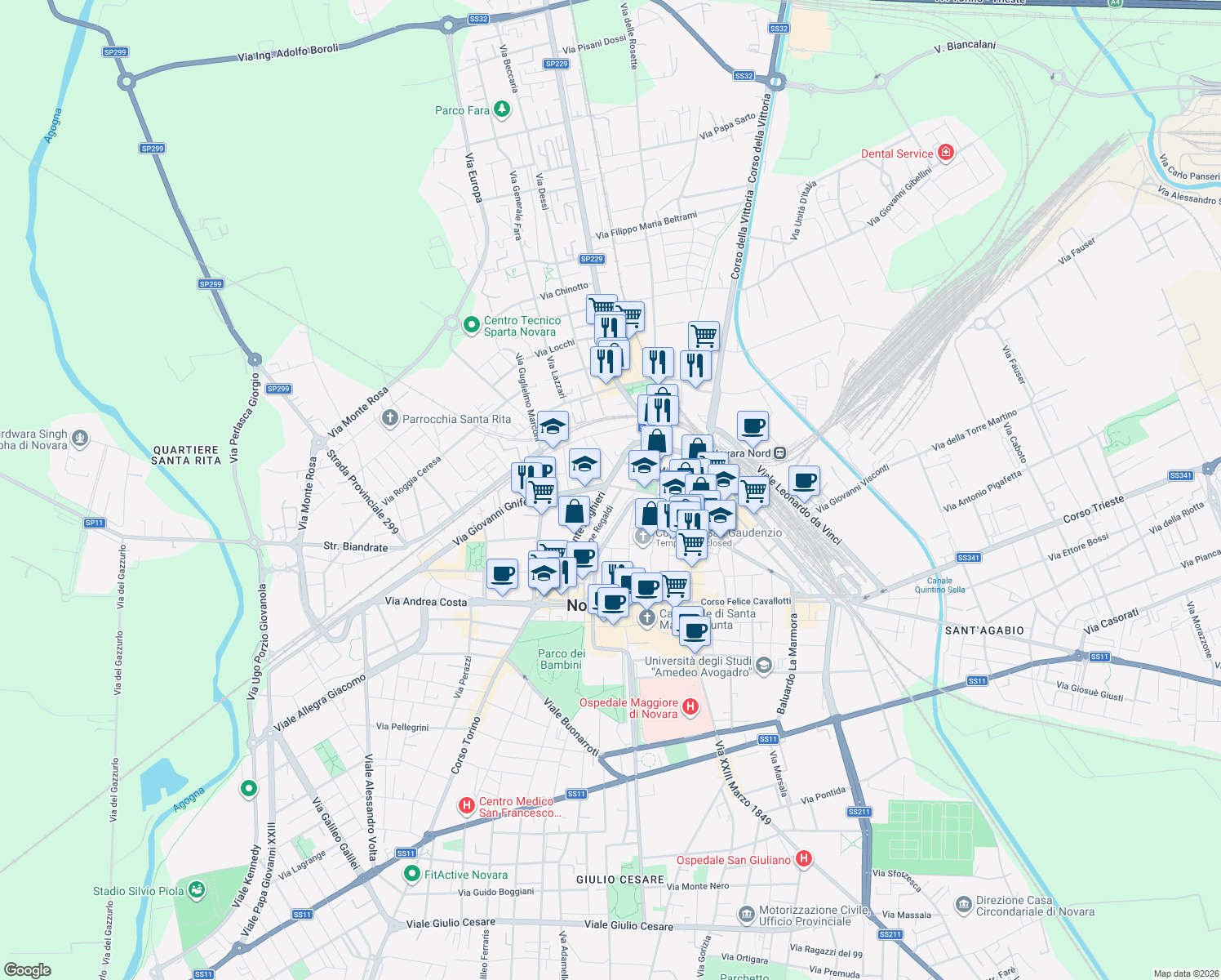 map of restaurants, bars, coffee shops, grocery stores, and more near 35c Viale Dante Alighieri in Novara