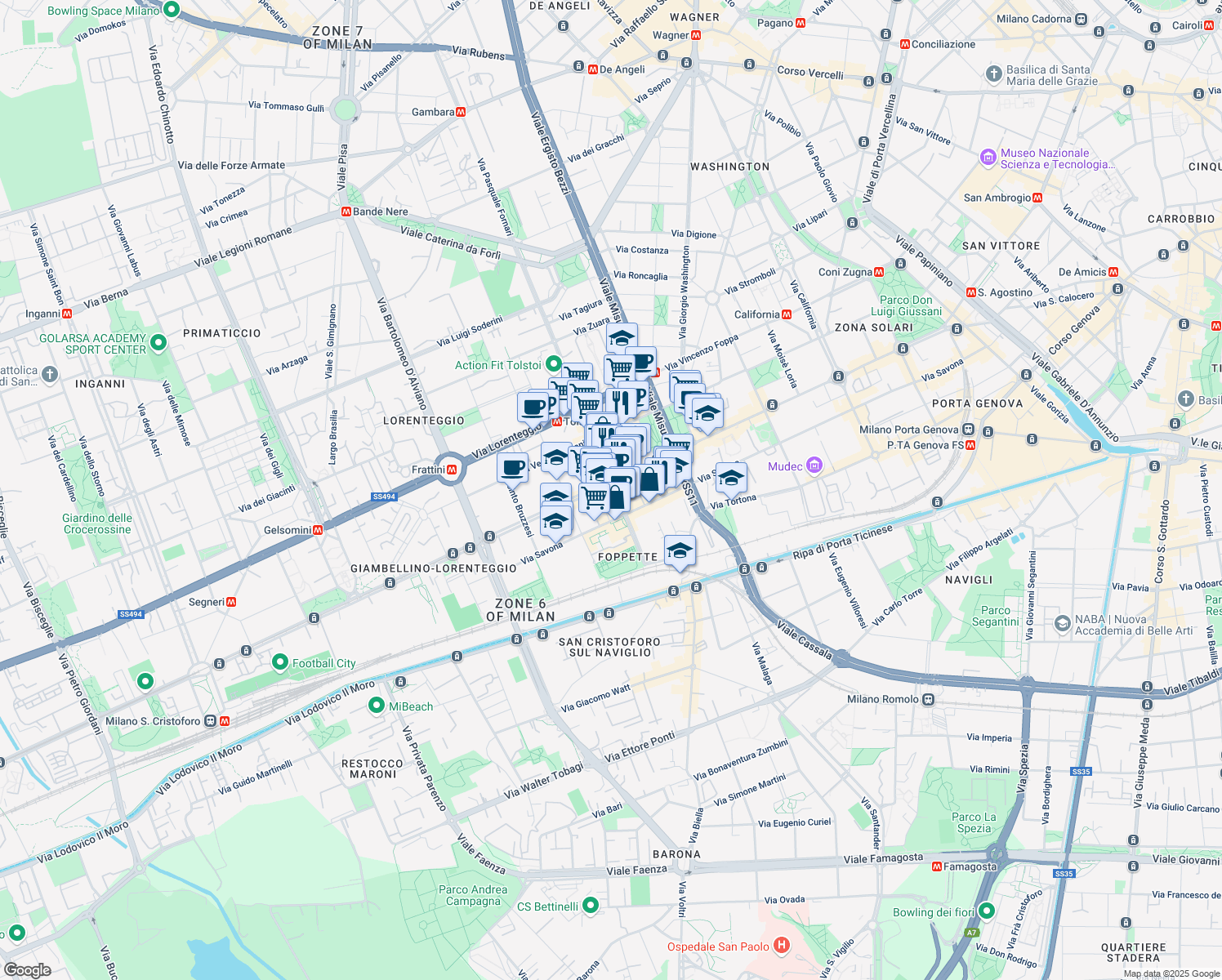 map of restaurants, bars, coffee shops, grocery stores, and more near 9-21 Via Giambellino in Milan