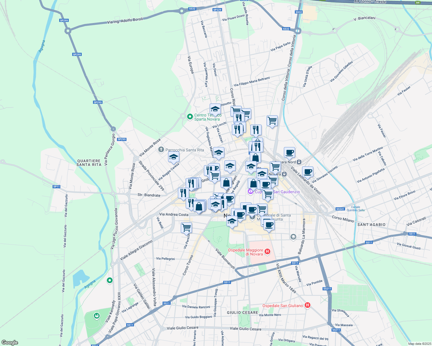 map of restaurants, bars, coffee shops, grocery stores, and more near 21 Via Guglielmo Marconi in Novara