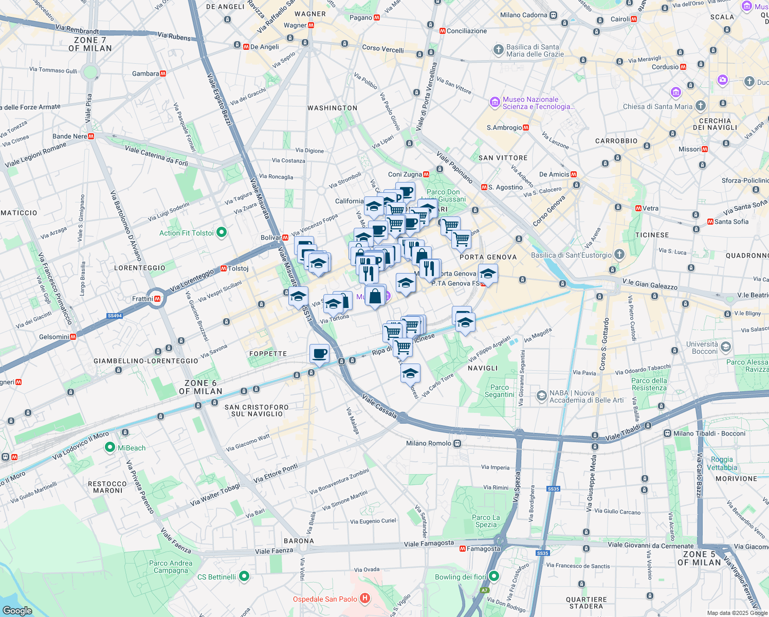 map of restaurants, bars, coffee shops, grocery stores, and more near 33 Via Tortona in Milano