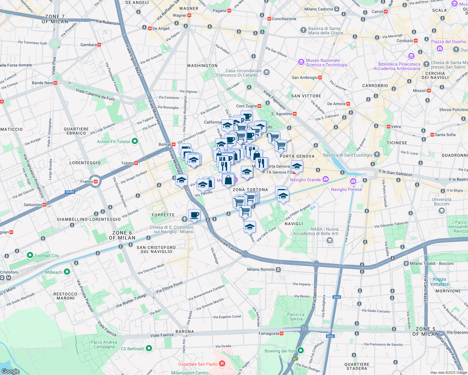 map of restaurants, bars, coffee shops, grocery stores, and more near 33 Via Tortona in Milano