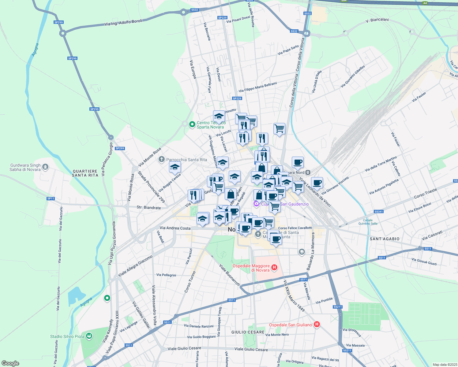 map of restaurants, bars, coffee shops, grocery stores, and more near 2 Via Mario Campagnoli in Novara