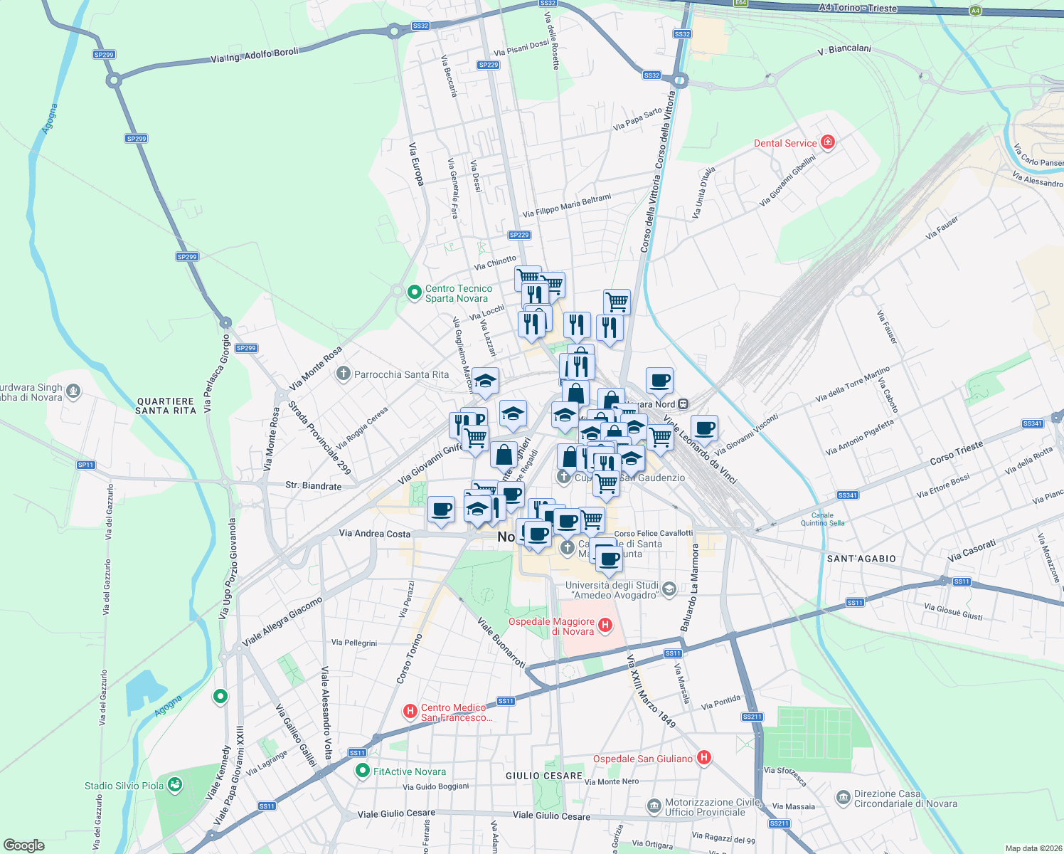 map of restaurants, bars, coffee shops, grocery stores, and more near 35c Viale Dante Alighieri in Novara