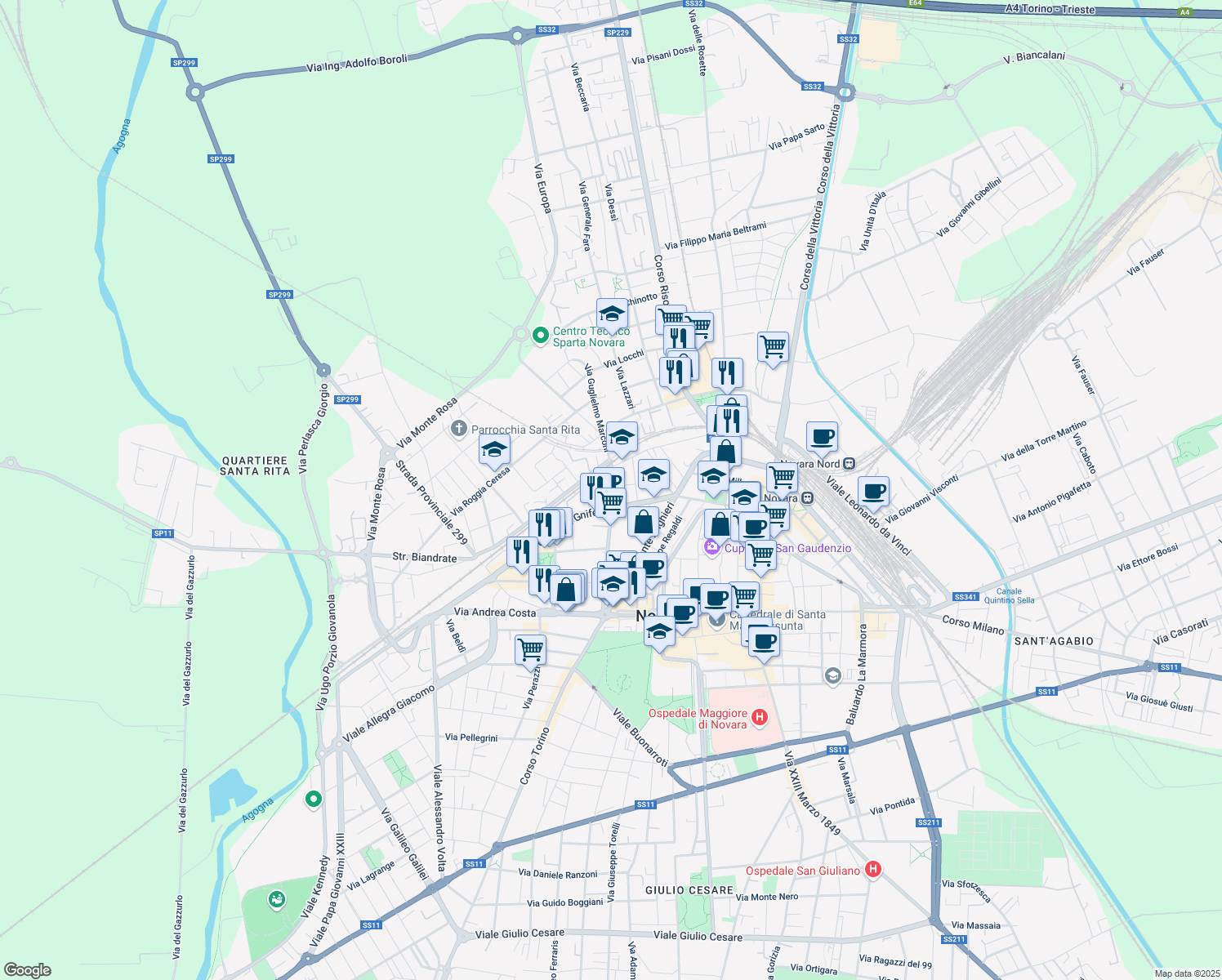 map of restaurants, bars, coffee shops, grocery stores, and more near 21 Via Guglielmo Marconi in Novara