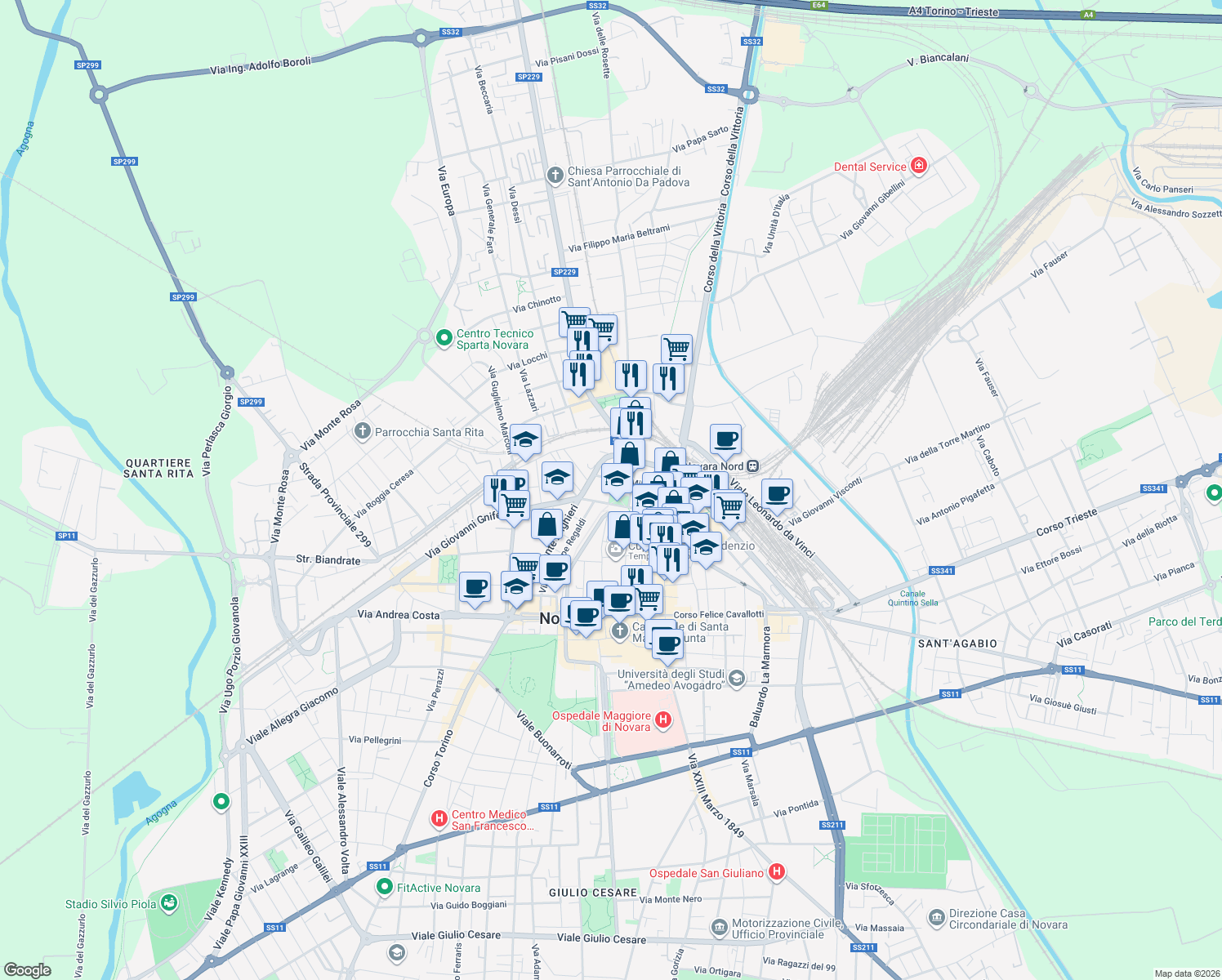map of restaurants, bars, coffee shops, grocery stores, and more near 2 Via Agostino Lazzaro Cotta in Novara