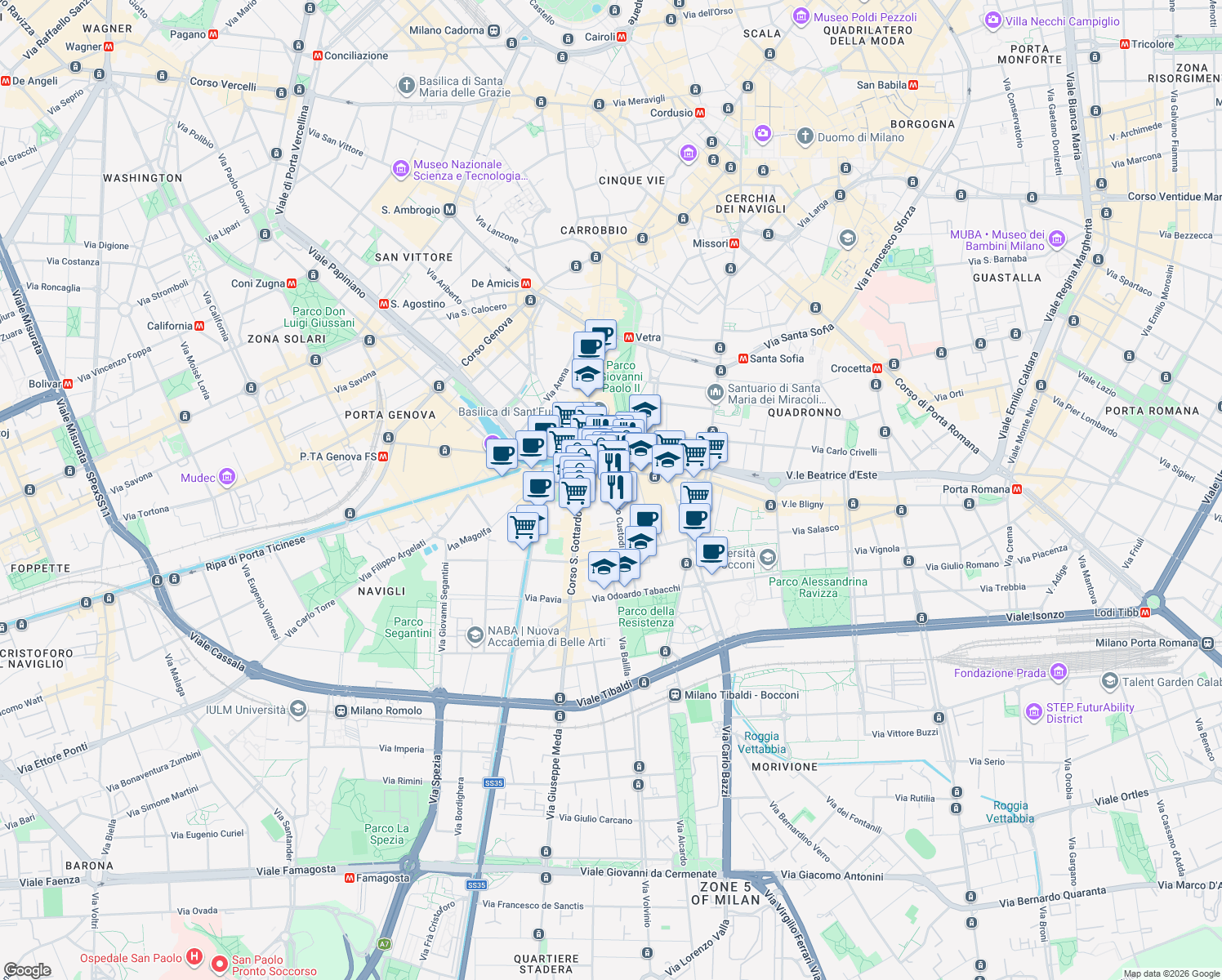 map of restaurants, bars, coffee shops, grocery stores, and more near 2-14 Via Pietro Custodi in Milan