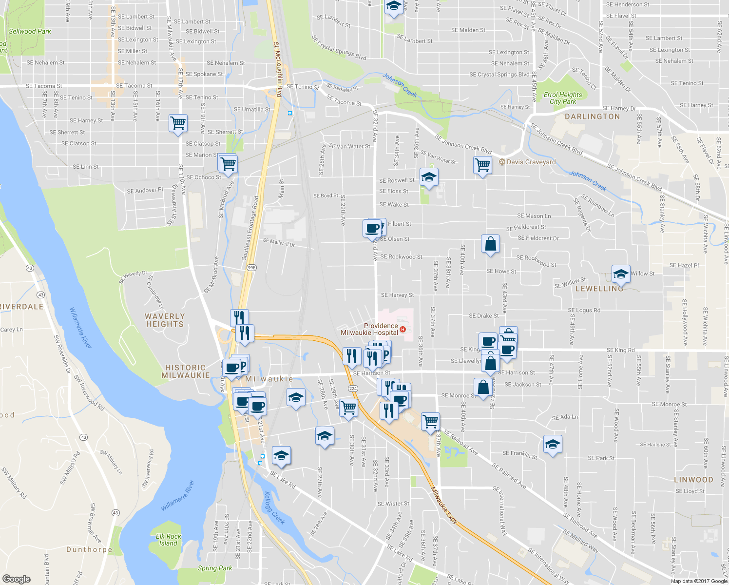 map of restaurants, bars, coffee shops, grocery stores, and more near 3040 Southeast Balfour Street in Milwaukie