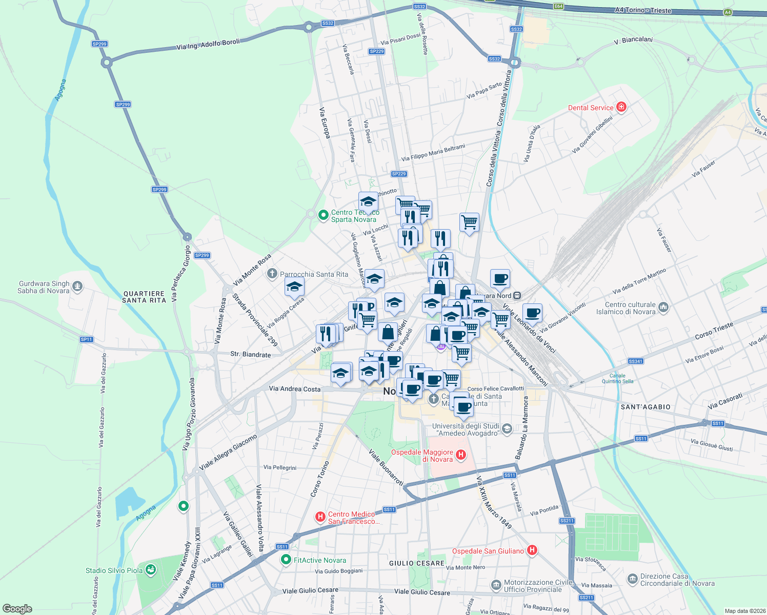 map of restaurants, bars, coffee shops, grocery stores, and more near 2 Via Mario Campagnoli in Novara