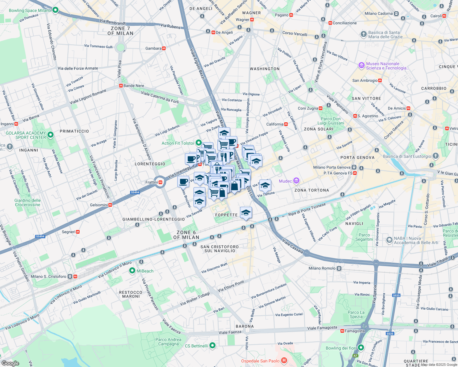 map of restaurants, bars, coffee shops, grocery stores, and more near 9 Via Giambellino in Milano