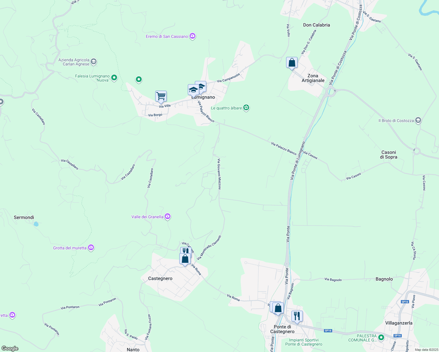 map of restaurants, bars, coffee shops, grocery stores, and more near 28 Via Giovanni Mazzoni in Provincia di Vicenza