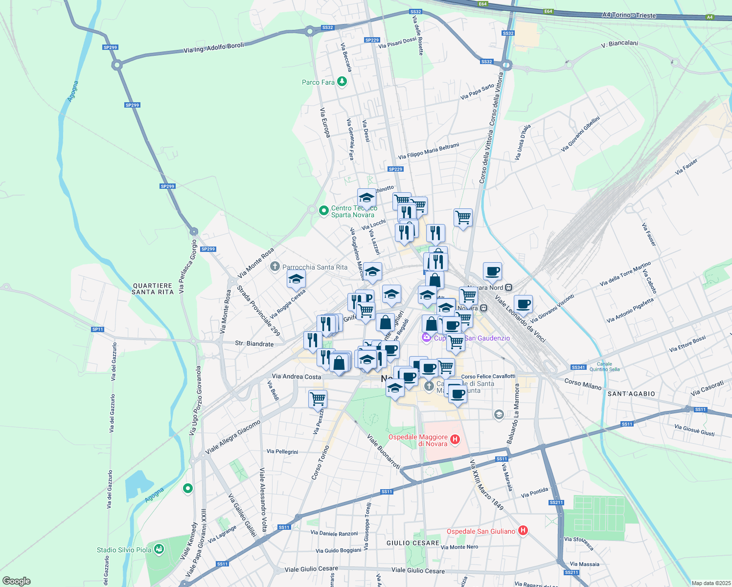 map of restaurants, bars, coffee shops, grocery stores, and more near 21 Via Guglielmo Marconi in Novara