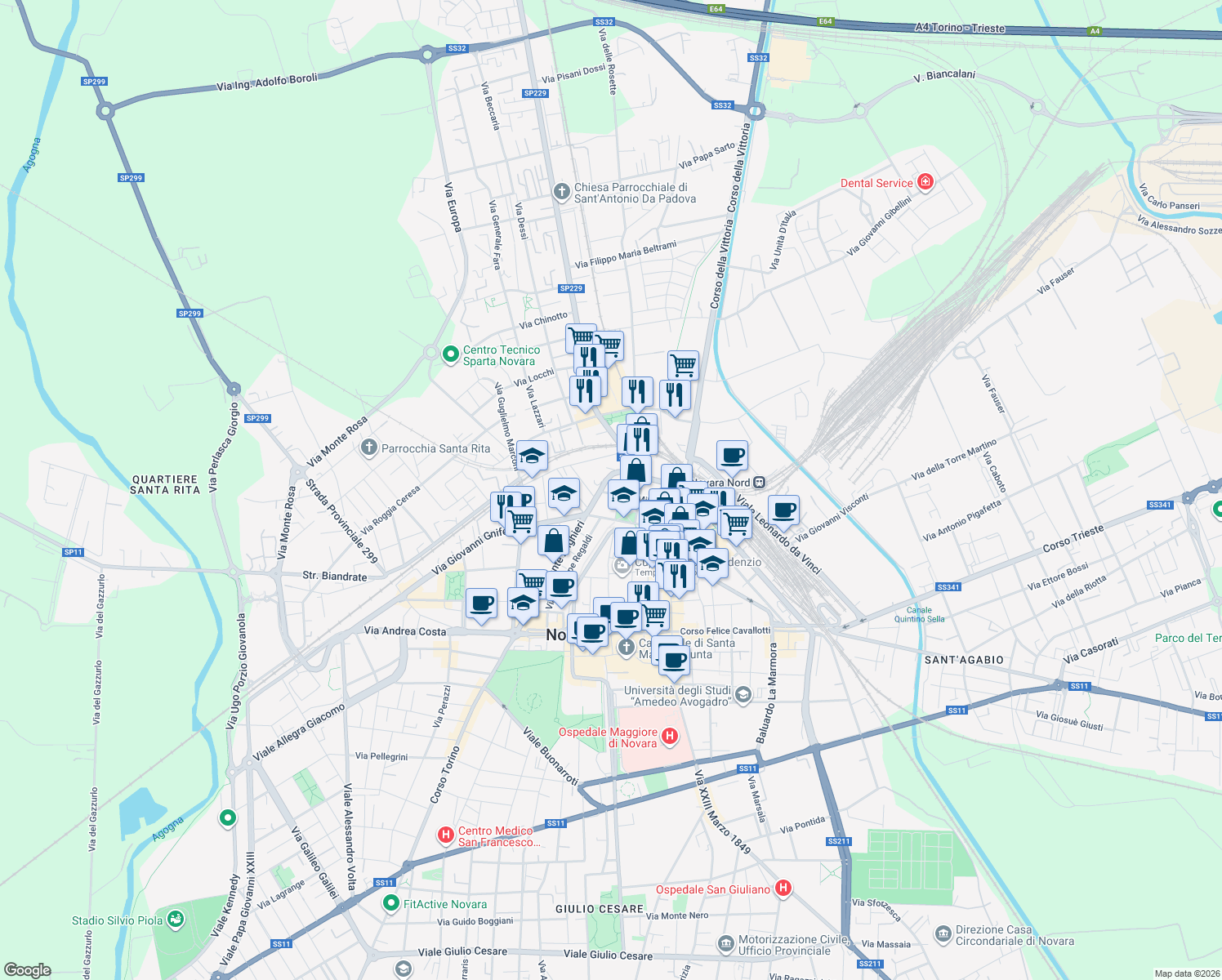 map of restaurants, bars, coffee shops, grocery stores, and more near 2 Via Agostino Lazzaro Cotta in Novara