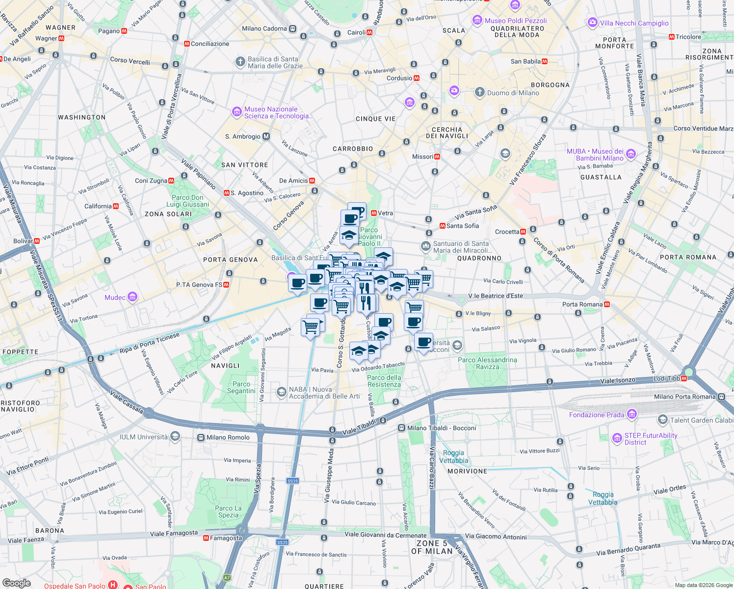 map of restaurants, bars, coffee shops, grocery stores, and more near 14 Via Pietro Custodi in Milano