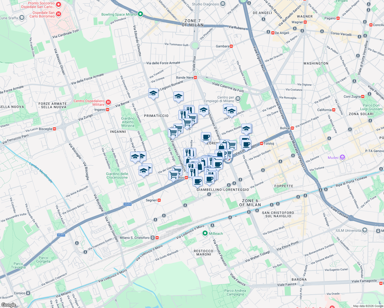 map of restaurants, bars, coffee shops, grocery stores, and more near 2/1 Viale San Gimignano in Milan