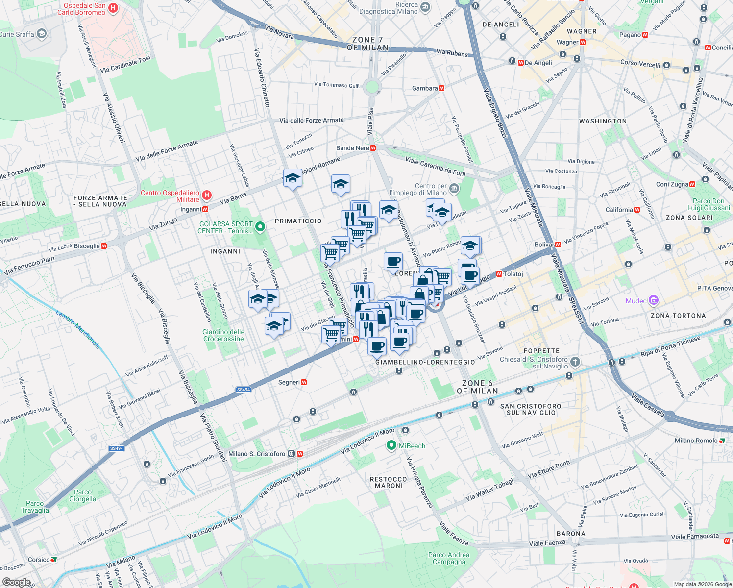 map of restaurants, bars, coffee shops, grocery stores, and more near 2 Viale San Gimignano in Milano