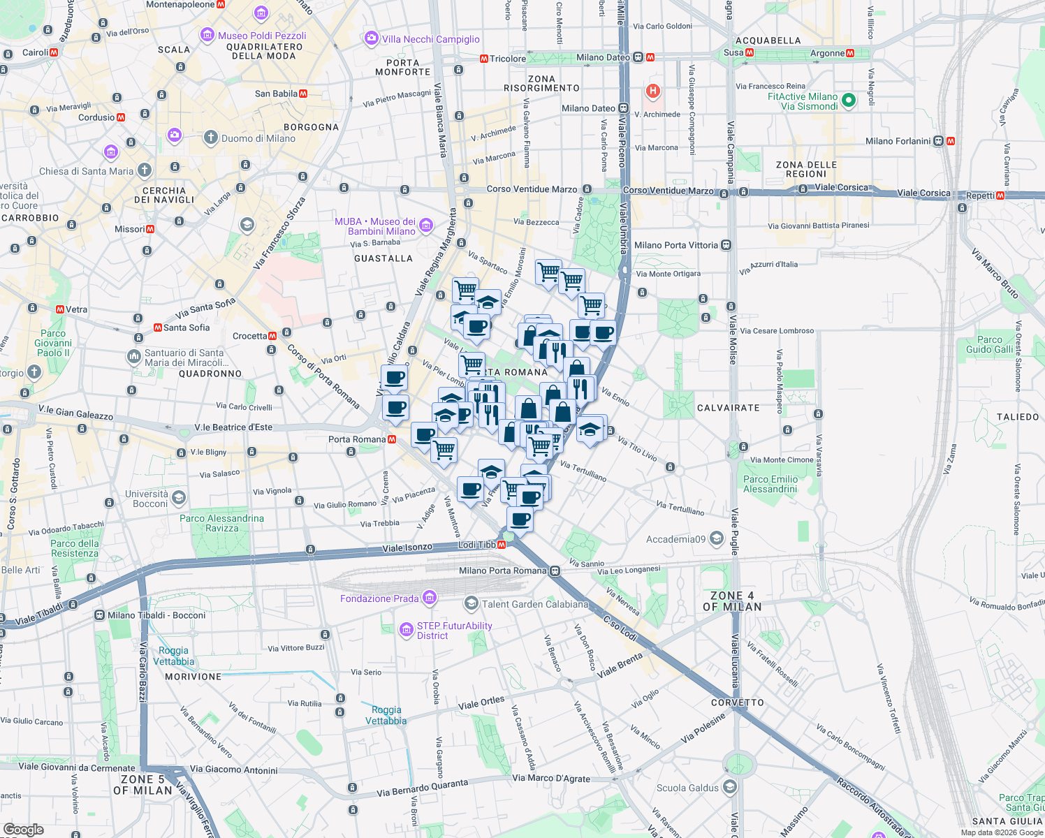 map of restaurants, bars, coffee shops, grocery stores, and more near 5-9 Via Contardo Ferrini in Milan