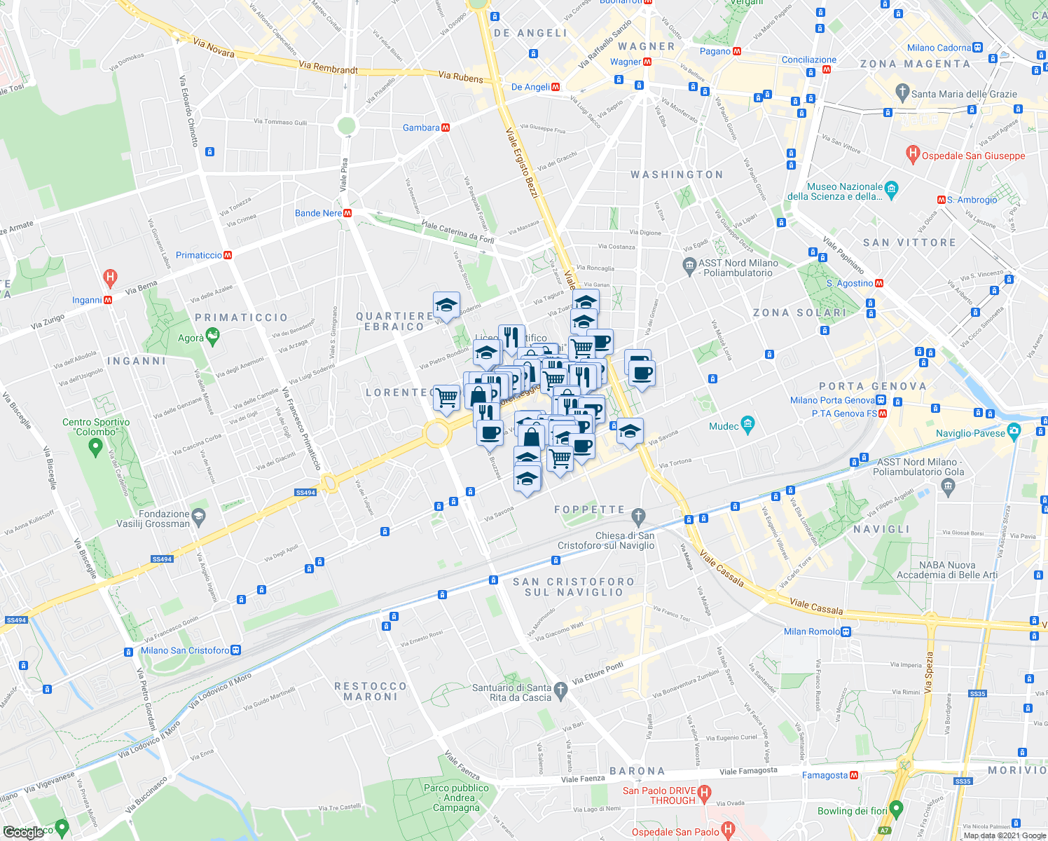 map of restaurants, bars, coffee shops, grocery stores, and more near 38 Via Vespri Siciliani in Milano