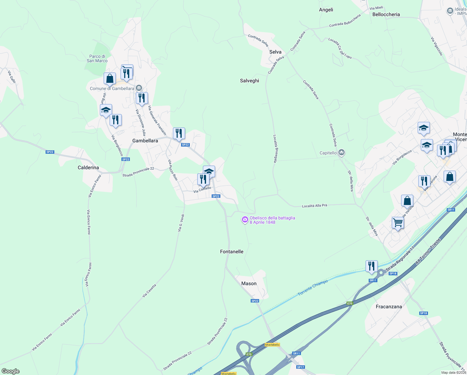 map of restaurants, bars, coffee shops, grocery stores, and more near 12 Via Lupia in Gambellara