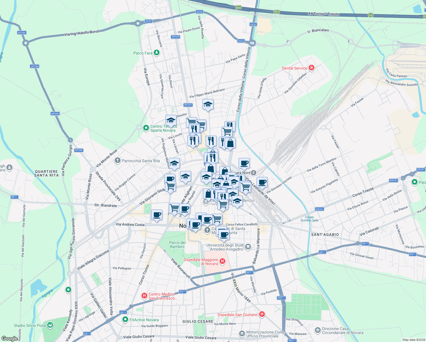 map of restaurants, bars, coffee shops, grocery stores, and more near 2 Corso Risorgimento in Novara