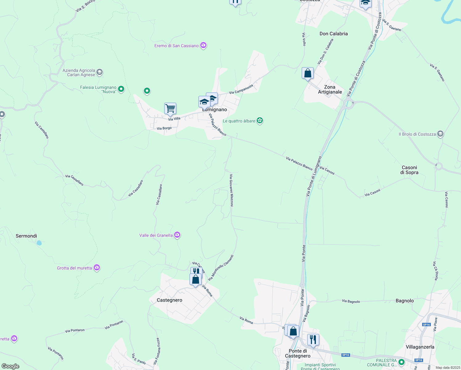 map of restaurants, bars, coffee shops, grocery stores, and more near 28 Via Giovanni Mazzoni in Provincia di Vicenza