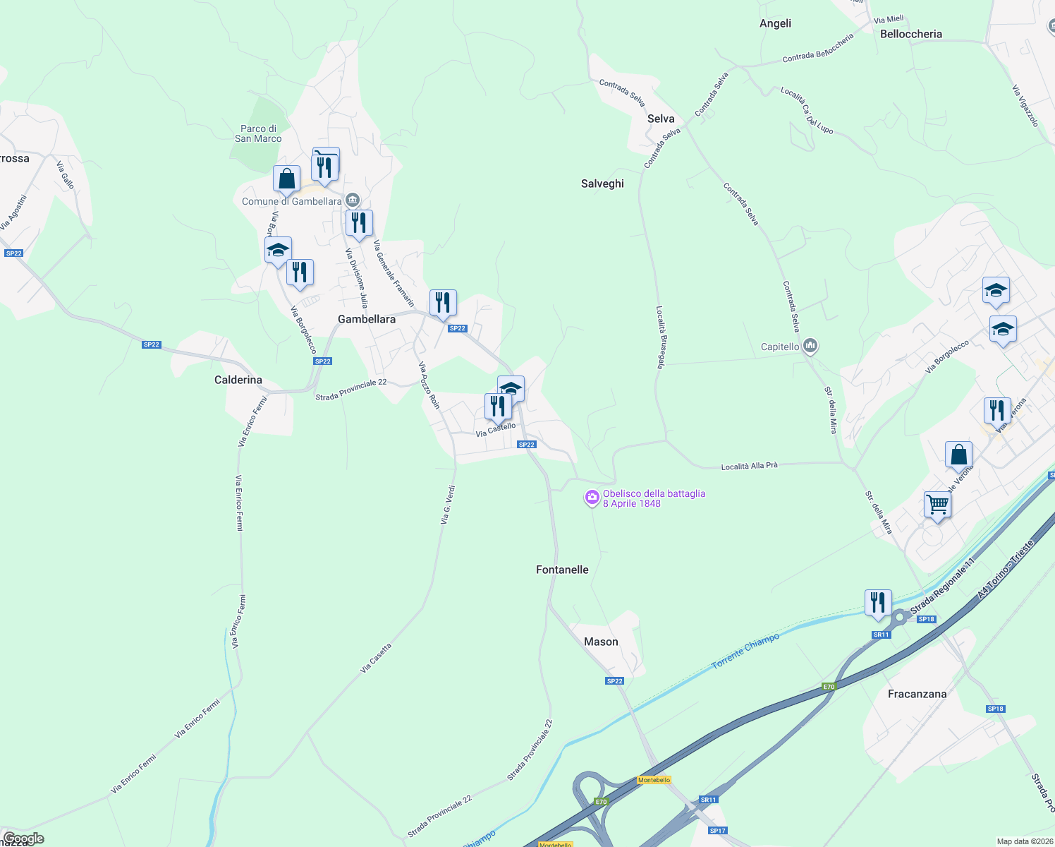 map of restaurants, bars, coffee shops, grocery stores, and more near 12 Via Lupia in Gambellara
