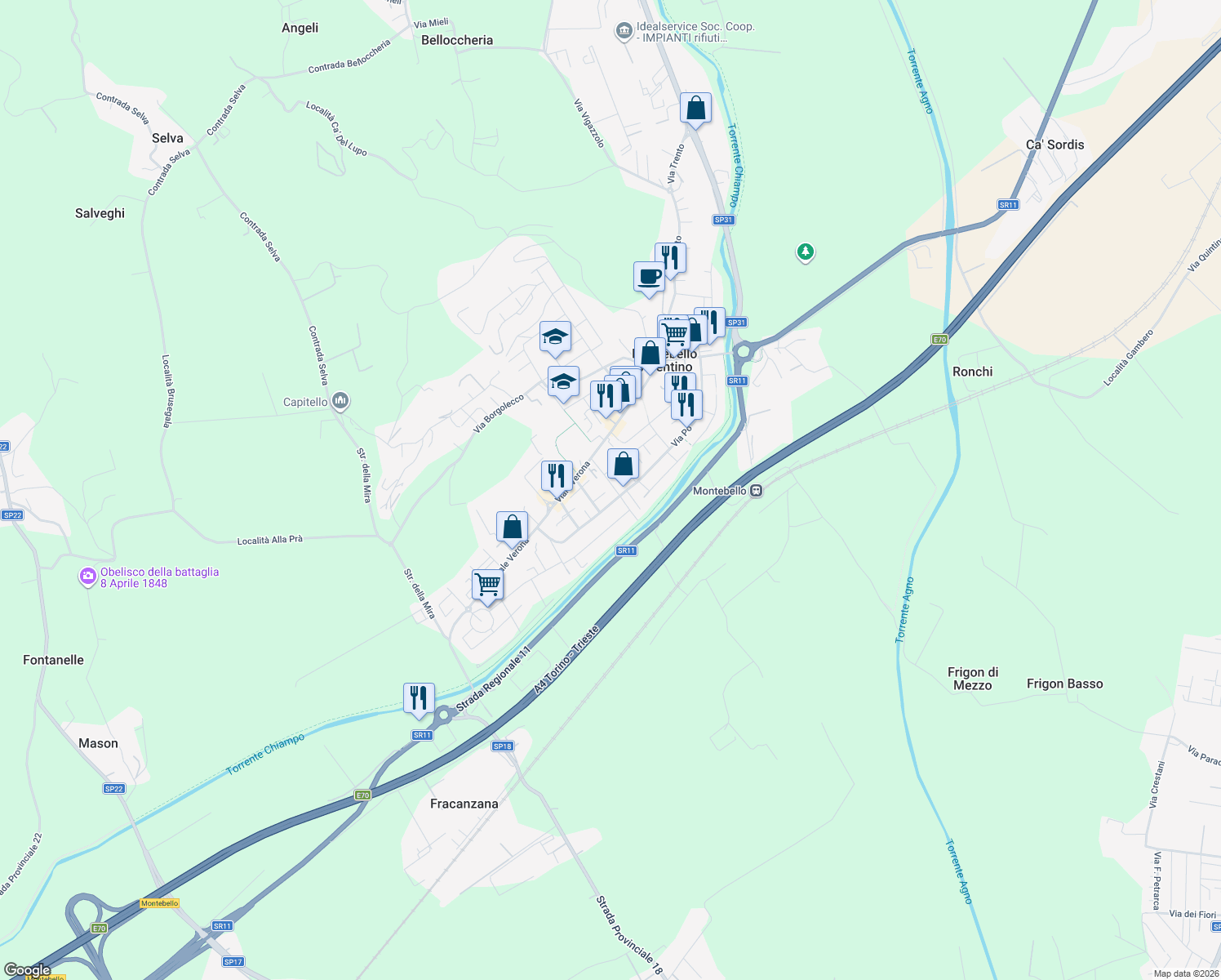 map of restaurants, bars, coffee shops, grocery stores, and more near 19 Stradella Muzzi in Montebello Vicentino