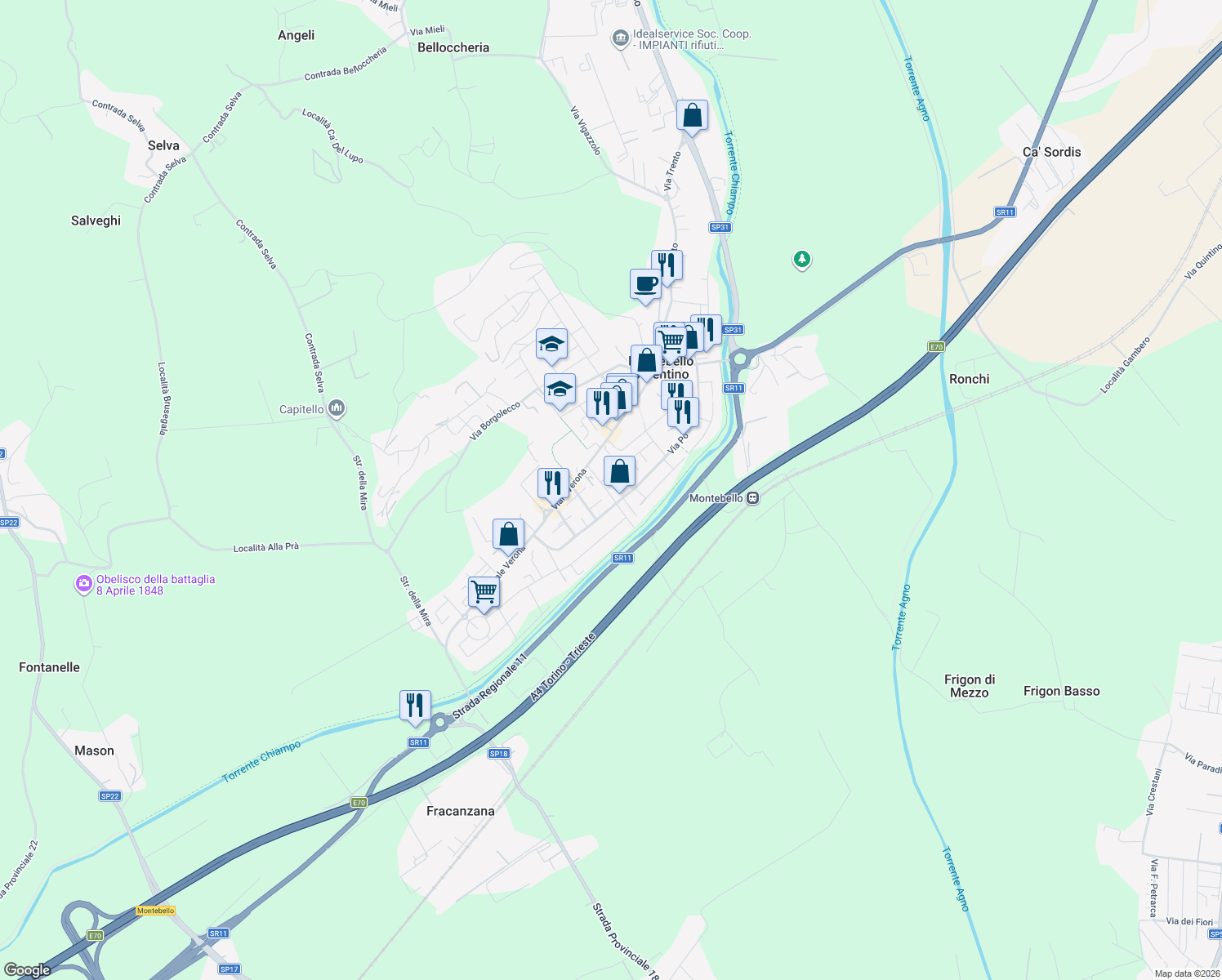 map of restaurants, bars, coffee shops, grocery stores, and more near 19 Stradella Muzzi in Montebello Vicentino