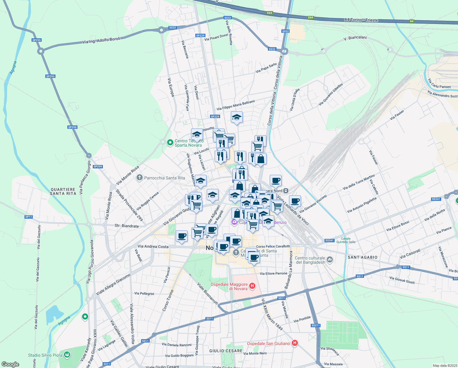 map of restaurants, bars, coffee shops, grocery stores, and more near 4 Strada Privata Ferrario in Novara