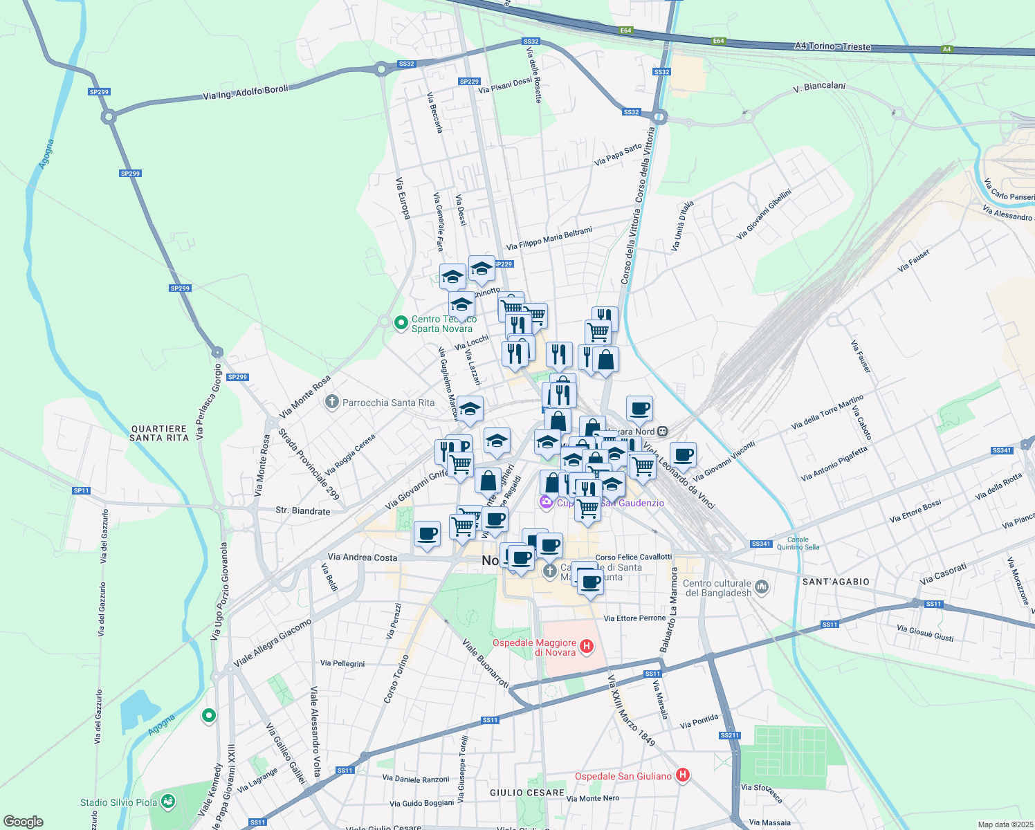 map of restaurants, bars, coffee shops, grocery stores, and more near 17 Via Costantino Porta in Novara