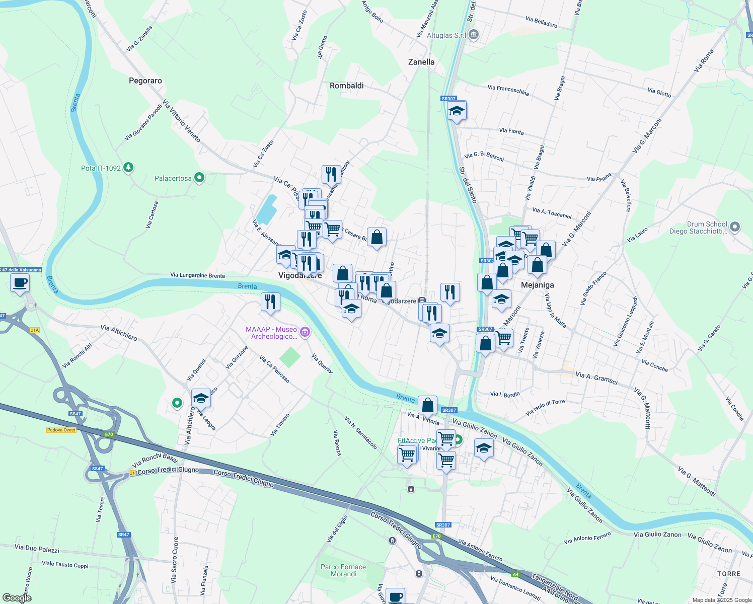 map of restaurants, bars, coffee shops, grocery stores, and more near 57 Via Roma in Vigodarzere