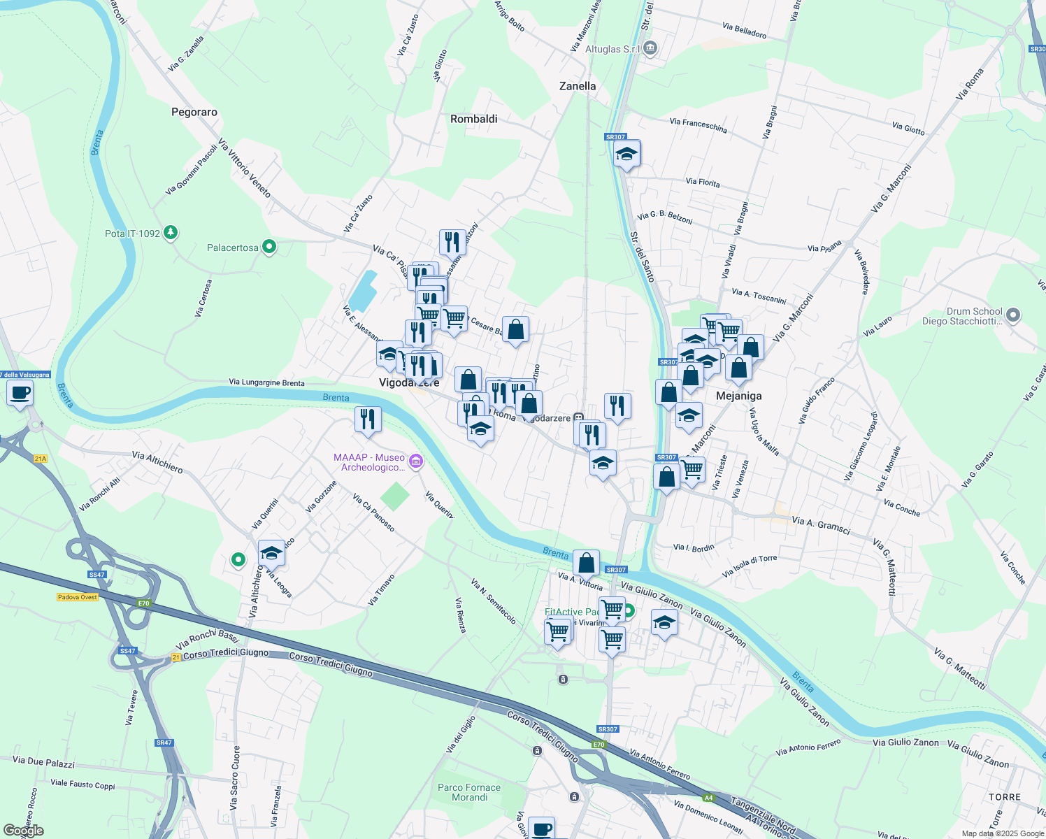 map of restaurants, bars, coffee shops, grocery stores, and more near 57 Via Roma in Vigodarzere