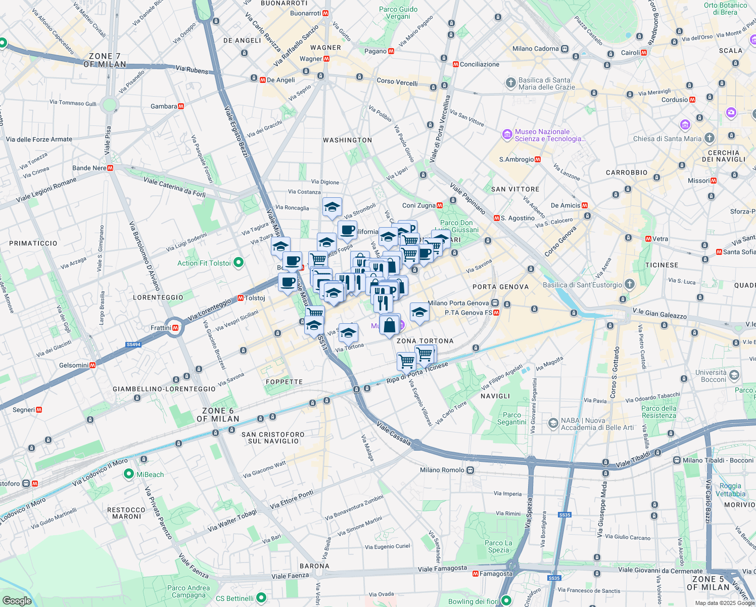 map of restaurants, bars, coffee shops, grocery stores, and more near 34 Via Stendhal in Milano