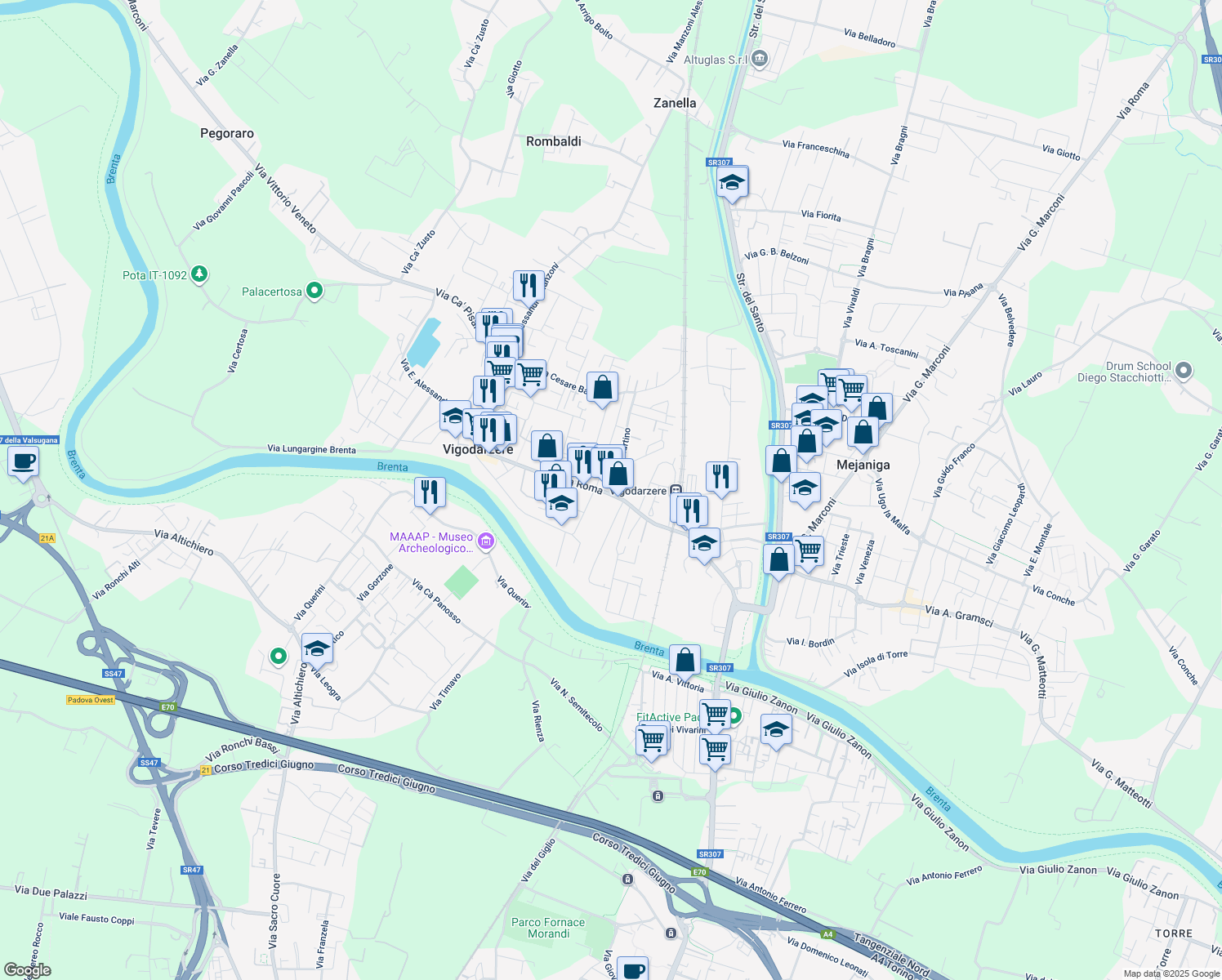 map of restaurants, bars, coffee shops, grocery stores, and more near 57 Via Roma in Vigodarzere