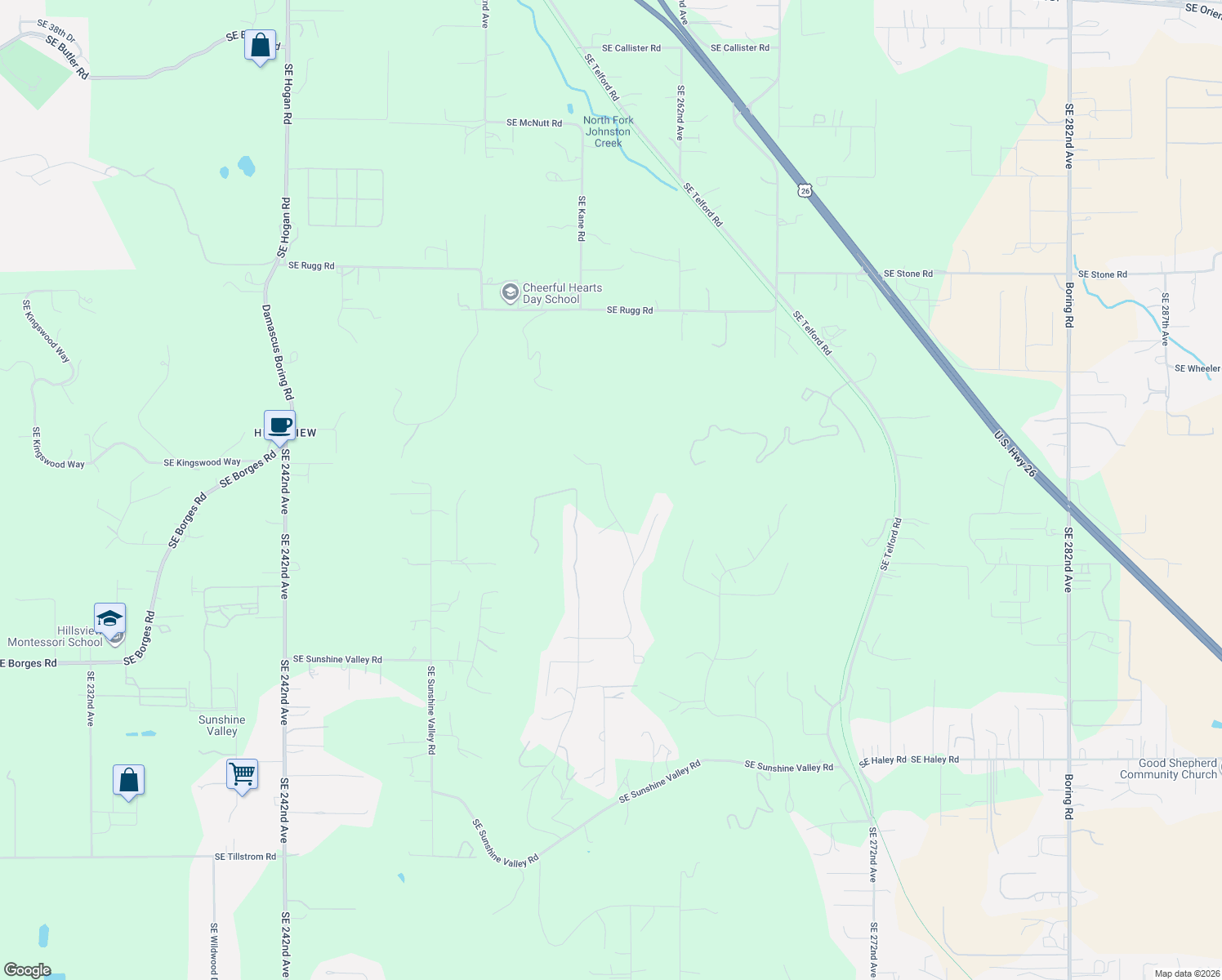 map of restaurants, bars, coffee shops, grocery stores, and more near 9660 Southeast Tower Drive in Damascus
