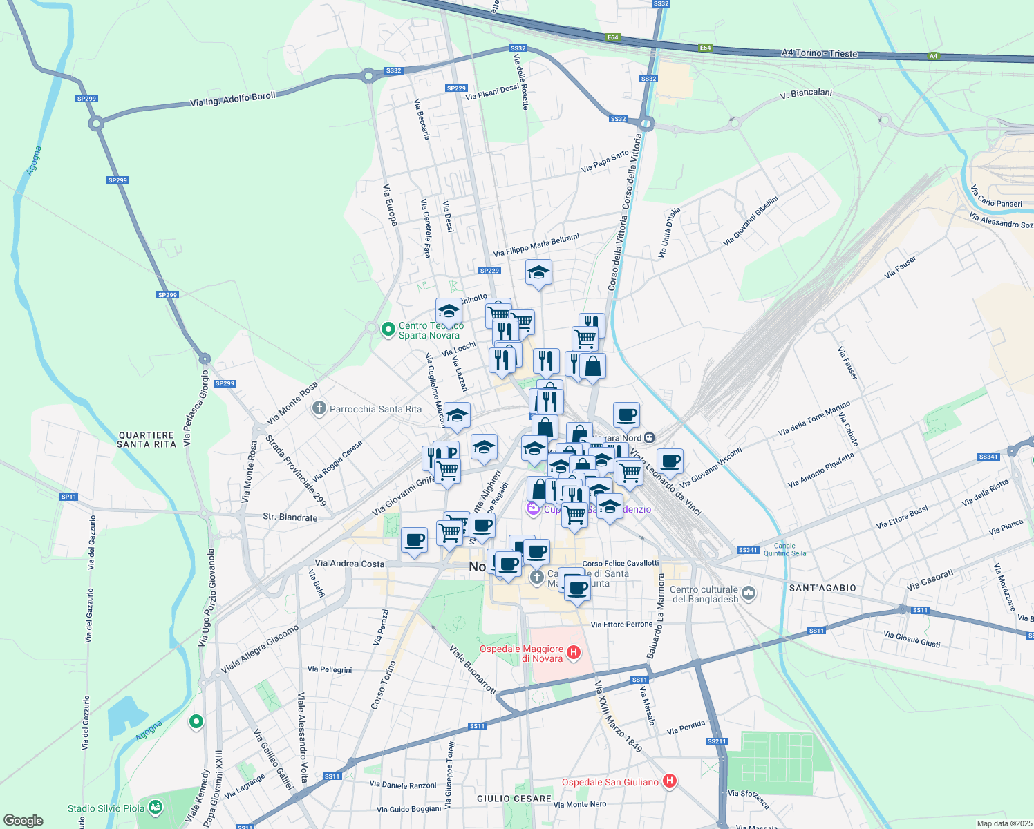 map of restaurants, bars, coffee shops, grocery stores, and more near 4 Strada Privata Ferrario in Novara