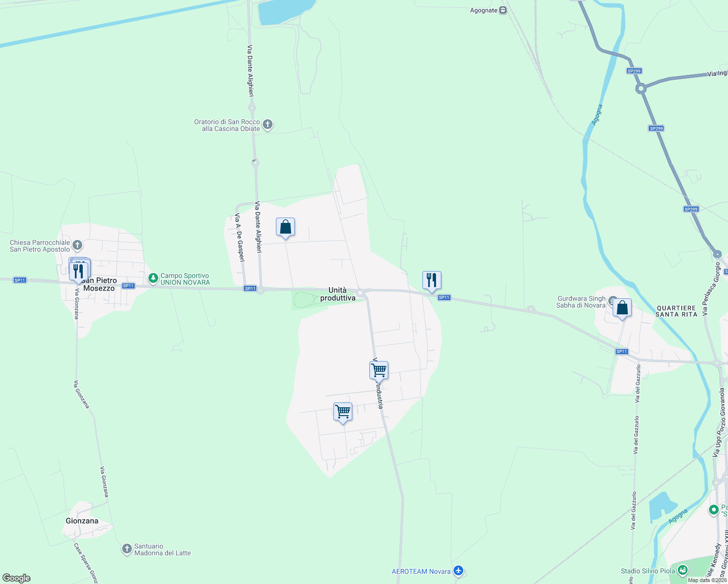 map of restaurants, bars, coffee shops, grocery stores, and more near 16 Strada Provinciale per Biandrate in Unita' Produttiva
