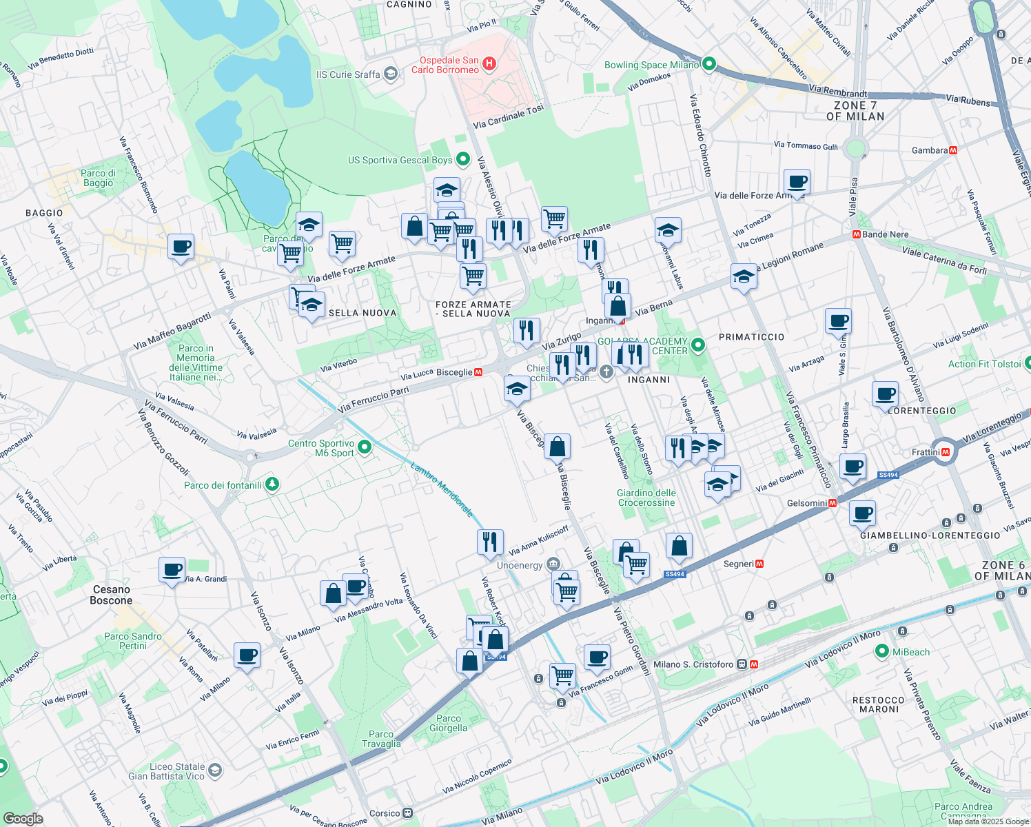 map of restaurants, bars, coffee shops, grocery stores, and more near 66 Via Bisceglie in Milano