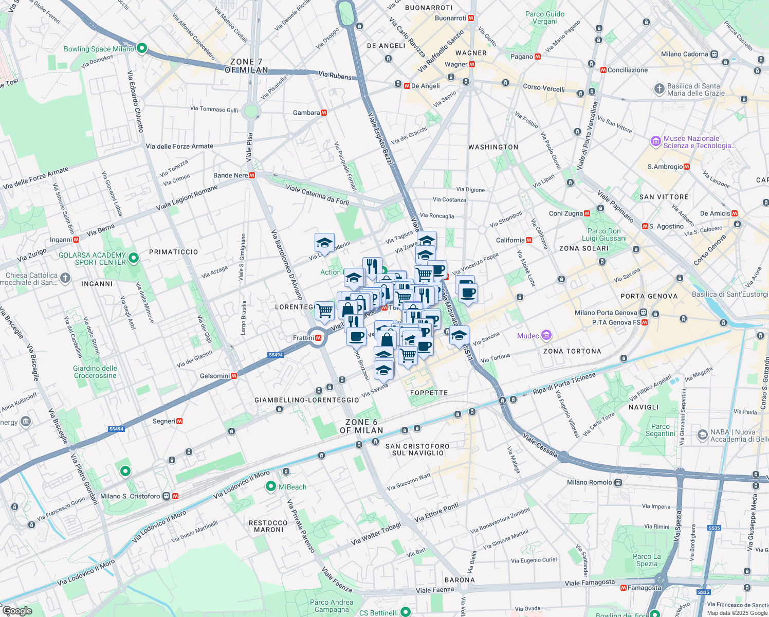 map of restaurants, bars, coffee shops, grocery stores, and more near 38 Via Vespri Siciliani in Milan